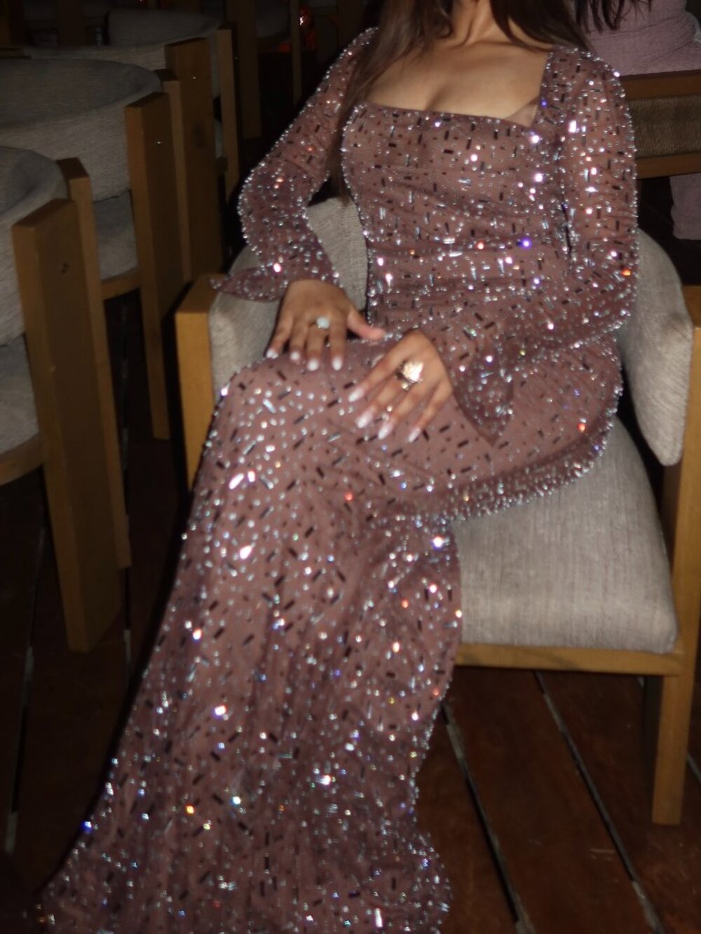 Oh Polly Sheer Embellished Long Sleeve Gown in Deep Cocoa Color- Worn Once